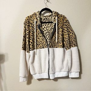 Leopard and White Sherpa Fur Zip Up Hoodie Jacket